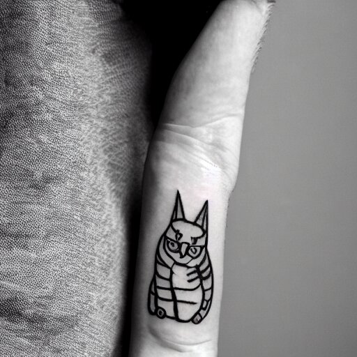 stick and poke tattoo of a cat, black and white tattoo, linework 