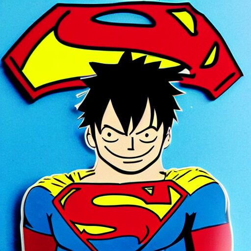 die cut sticker, luffy is superman, splatter paint on paper 