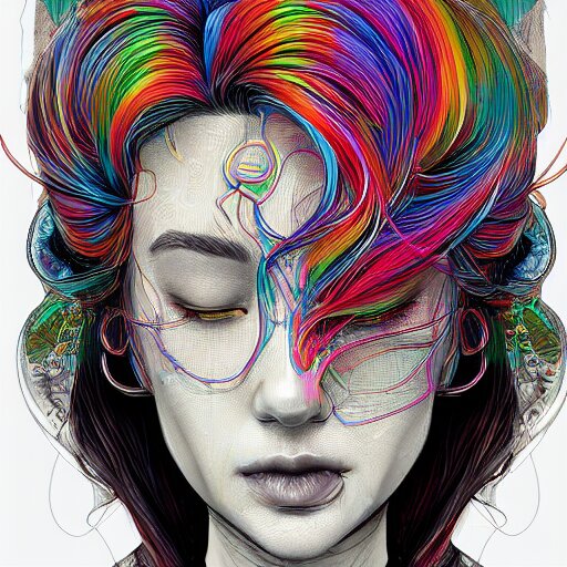 the head of a beautiful rainbow woman, an ultrafine detailed illustration by james jean, final fantasy, intricate linework, bright colors, behance contest winner, vanitas, angular, altermodern, unreal engine 5 highly rendered, global illumination, radiant light, detailed and intricate environment 