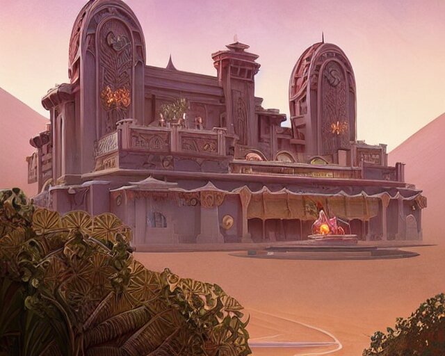 art deco palace in the desert, fantasy, intricate, elegant, highly detailed, digital painting, artstation, concept art, matte, sharp, illustration, hearthstone, art by artgerm and greg rutkowski and alphonse mucha 