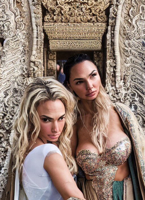 portrait of lindsey pelas and gal gadot wearing kebaya in bali temple, by charlotte grimm, natural light, detailed face, beautiful features, symmetrical, canon eos c 3 0 0, ƒ 1. 8, 3 5 mm, 8 k, medium - format print, half body shot 