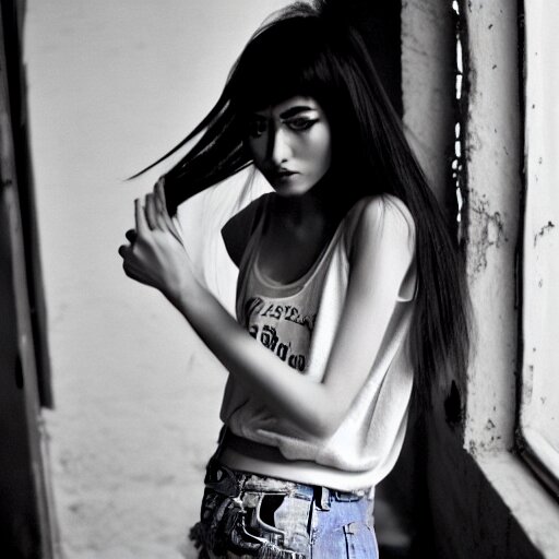 she, amazing, snapshot of, face, eyes, hair, neck of beautiful, fashionable, elegant, conservative, young, uzbek, fashion model and student, slender, tank top, denim shorts. image quite stunningly complex. nikon fm 2 film blow - up 