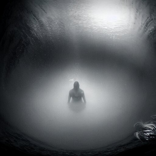 sea monster, wide angle, pov underwater, pale skin, dark, foggy water, dramatic,'silent hill ', big eyes, terrifying, horrific, cinematic 