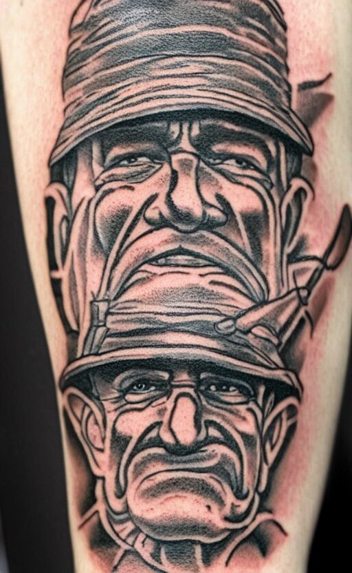 a tattoo of an old man wearing a hat on top of a tower, ultra detailed, tattoo, 8 k 