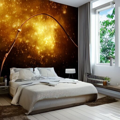 a cozy bedroom interior with wall murals painted by a genius, detailed, high resolution, wow!, intricate, volumetric lighting, raytracing 