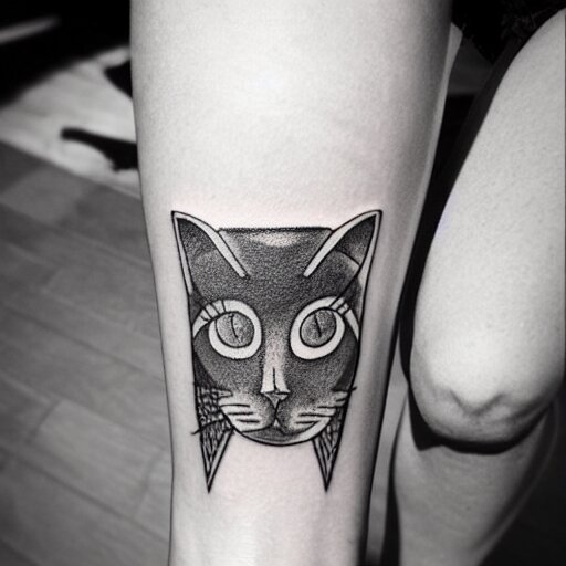 stick and poke tattoo of a cat, black and white tattoo, linework 