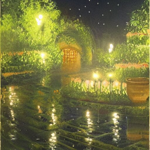 a painting of rain in a garden at night 