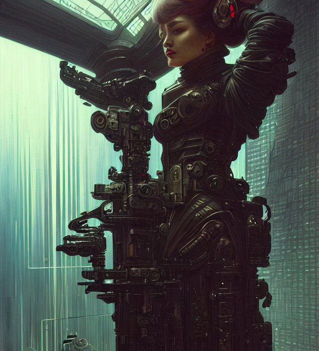 a baroque portrait of a retrofuturistic assassin in light surrounded by advanced architecture. minimalist dark wet architecture with some highly detailed science fiction details, rich colors, high contrast, moody dark background. trending on artstation an ultrafine hyperdetailed colorfull illustration by greg rutkowski, kim jung gi, moebius, irakli nadar, alphonse mucha, ayami kojima, amano, greg hildebrandt, syd mead and mark brooks, female, feminine, art deco, new baroque, intricate linework, colors by frank frazetta 