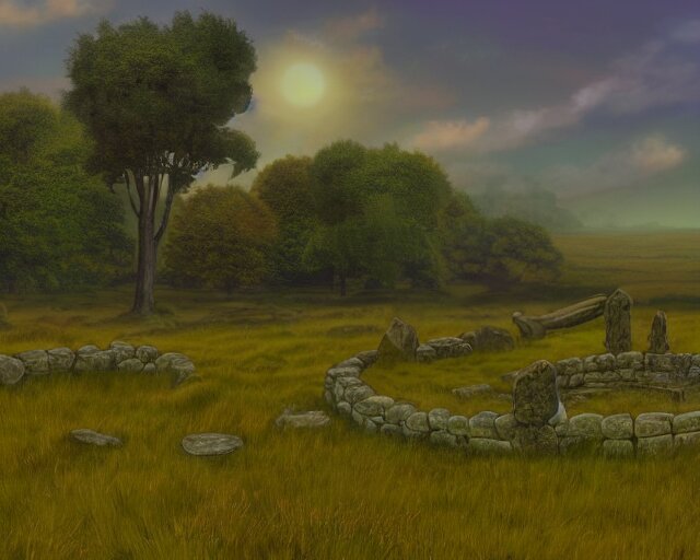 empty grass field with a burned down small stone circle, at midday, from a fantasy themed point and click 2 d graphic adventure game, art inspired by thomas kinkade, 