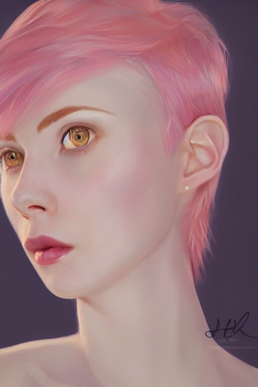 Portrait of a beautiful pale skin Nordic female with short pink hair, elegant, photorealistic, highly detailed, artstation, smooth, sharp focus, gold ornaments, neon lighting, sci-fi, art by Klimt.