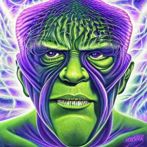 the incredible hulk becomes a fractal, painted by alex grey. psychedelic visionary art 