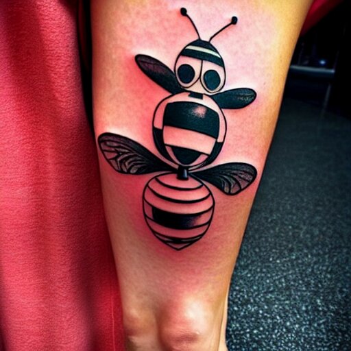 detailed tattoos in the style of bee movie on a female leg, crimson - black color scheme, wearing miniskirt, cinematic seductive lighting, beautiful composition 