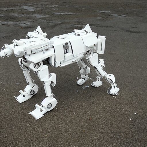 dog type mech made of white plastic art by jakub rozalski 