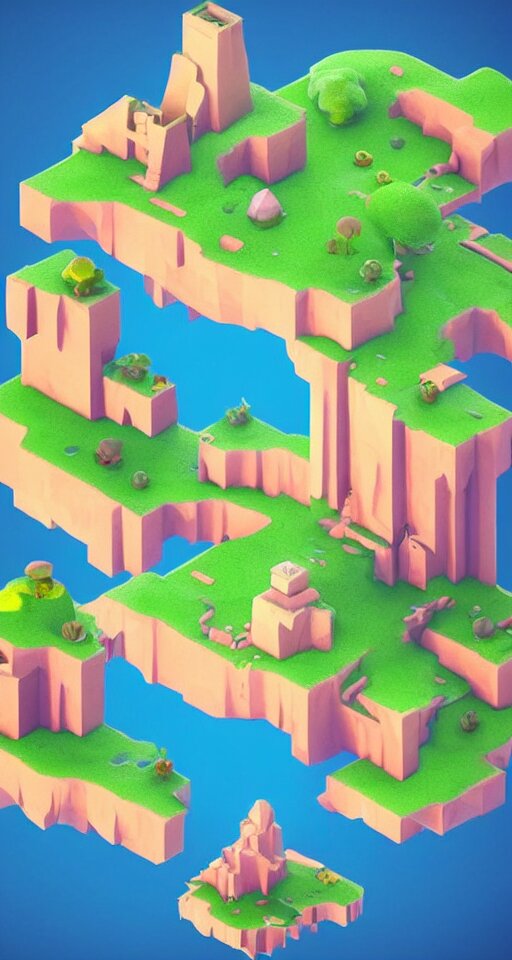 a cute little matte low poly isometric mushroom island, waterfalls, lat lighting, soft shadows, trending on artstation, 3d render, monument valley, fez video game,