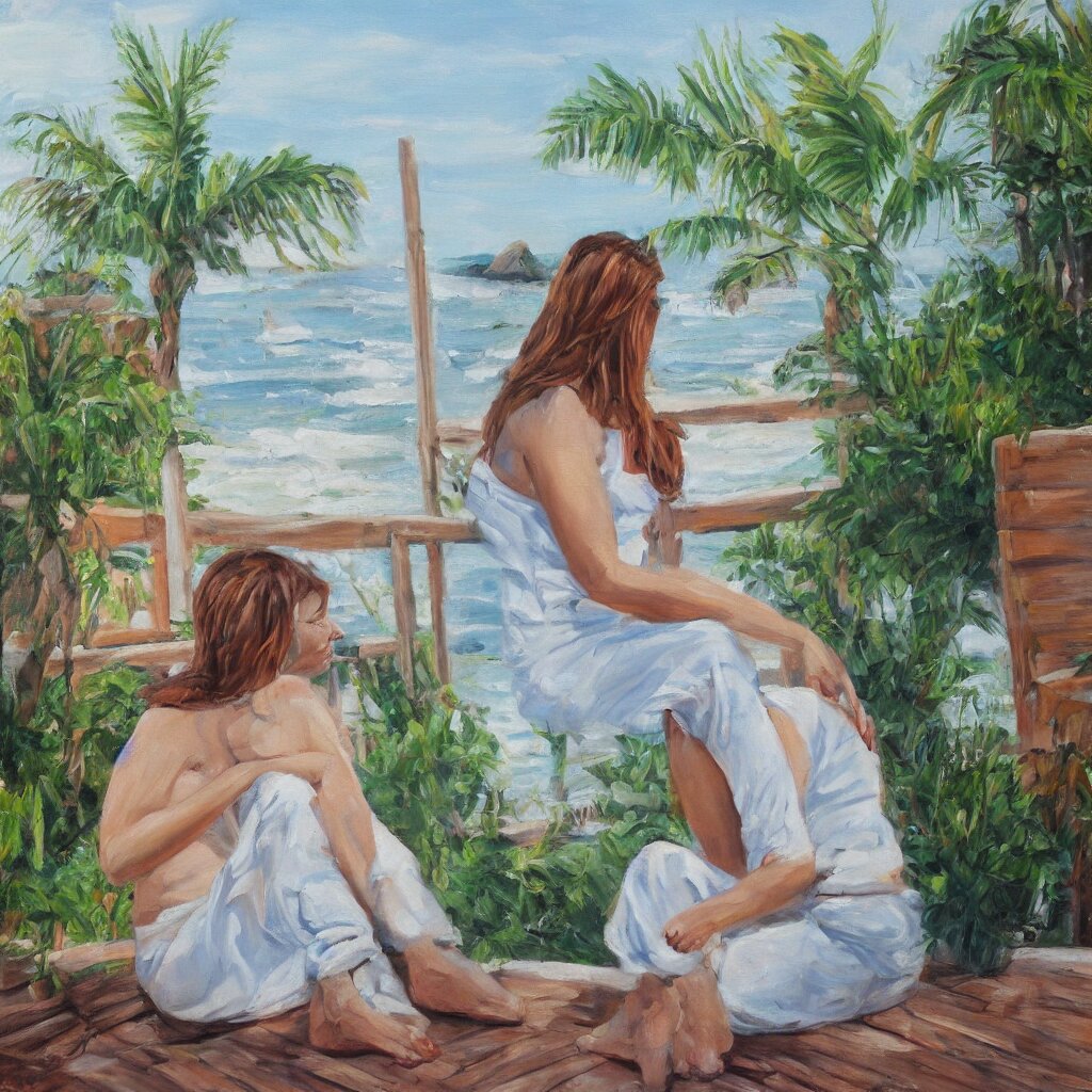 a beautiful woman with freckles sitting on the porch of a one-story house in the caribbean watching the sea, realistic, oil on canvas