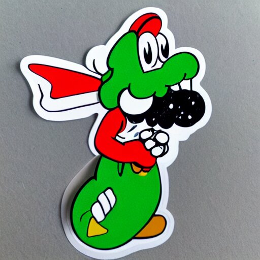 die cut sticker, yoshi wearing mario's mustache, splatter paint 