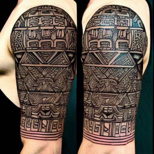 intricate japanese mayan yakuza tattoo, geometric dark animal tattoo, tattoo on upper arm