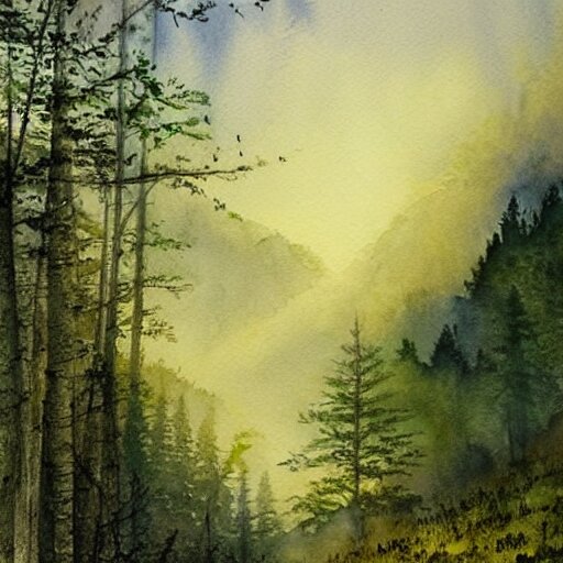 a beautiful watercolor painting an epic appalachian wilderness at dawn, godrays, mystical, deep shadows, epic scale 