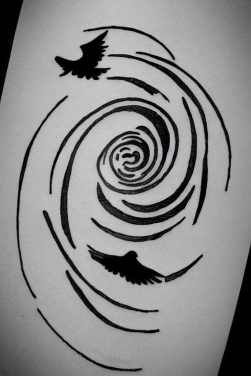 a simple tattoo design of birds flying in a 8 spiral, black ink, logo 