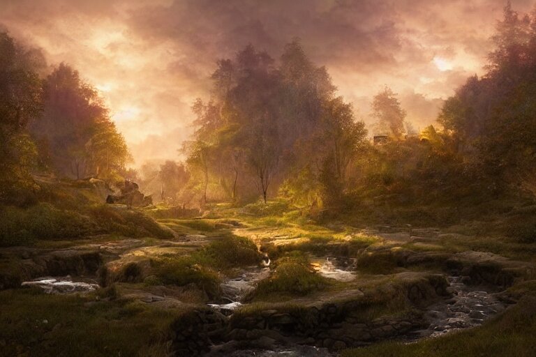 a medieval celtic village with a stream in a forested valley, sunset with ominous shadows by jessica rossier and brian froud cinematic painting 