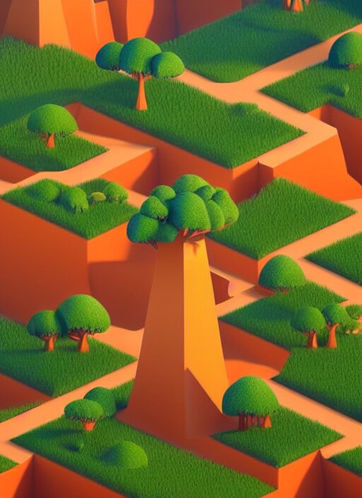 a low poly isometric render of madagascar with baobab trees in the style of monument valley, intricate, elegant, smooth shading, soft lighting, illustration, simple, solid shapes, by magali villeneuve, jeremy lipkin and michael garmash, rob rey and kentaro miura style, octane render, midsommar 