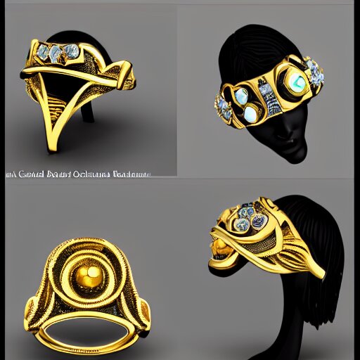 complex golden ring with cameo and gems on the female model hand with bust with a cyberpunk style, 8k, details