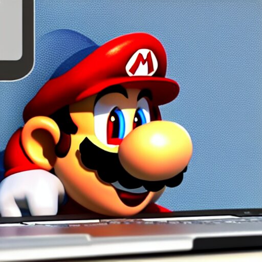 photo of super mario working on his macbook, highly detailed, extremely high quality, hd, 4 k, 8 k, professional photographer, 4 0 mp, lifelike, top - rated, award winning, realistic, detailed lighting, detailed shadows, sharp, no blur, edited, corrected, trending 