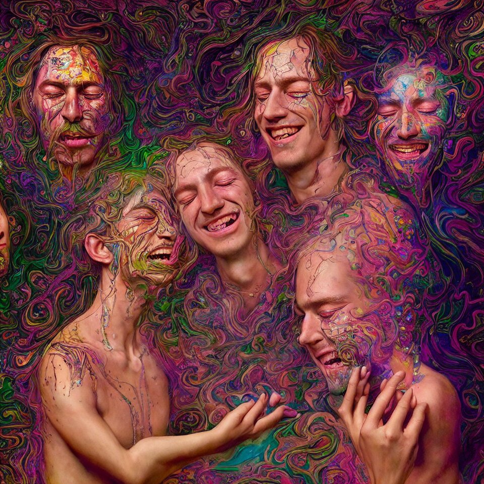 happy psychedelic portrait of friends smoking dmt and becoming gods, smiling and crying, old and young, diffuse lighting, fantasy, intricate, elegant, highly detailed, lifelike, photorealistic, digital painting, artstation, concept art, smooth, sharp focus, art by john collier and albert aublet and jenny saville and artem demura and francis bacon 