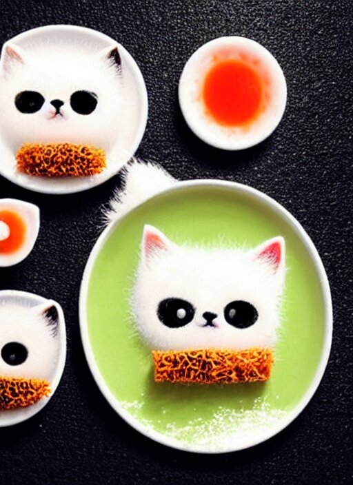 clear surrealist painting of tiny adorable cats made from sushi rice, sitting on sushi plates with sushi, garnish, wasabi and soy sauce 