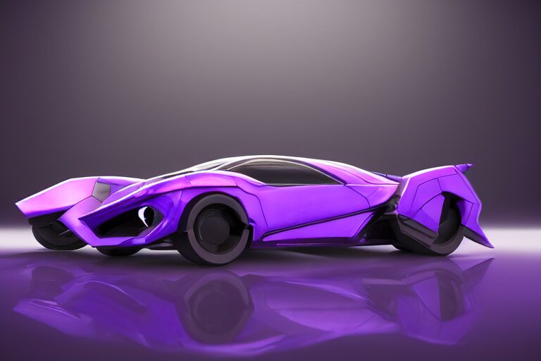 cyberpunk purple batmobile concept inspired sports car, futuristic look, highly detailed body, very expensive, photorealistic camera shot, bright studio setting, studio lighting, crisp quality and light reflections, unreal engine 5 quality render 