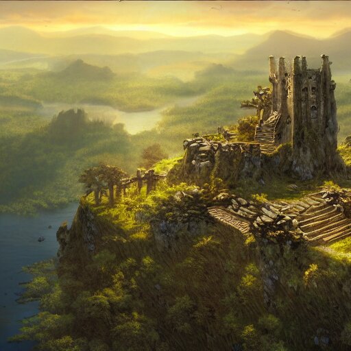 overhead RPG battlemap of a stone fort sitting above a swamp in the sunset, dramatic lighting by alan lee by peter mohrbacher, trending on artstation sharp focus vfx key shot