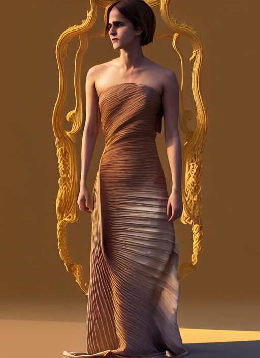 emma watson wearing finely pleated silk bihu mekhela strapless costume expertly draped goddess style dress by madeleine vionnet, assamese gamosa pattern, face by daz 3 d genesis and artgerm concept art 3 d octane render cinema 4 d v ray, unreal engine, hyper realistic hdr fabric textures, ray traced, bright lit cinematic studio fashion photography, real life like, daz iray shaders 