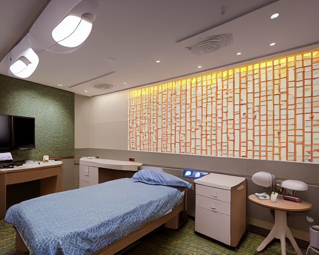 The zen environment of the hospital room of the future, in a five star hotel in Singapore, with calming bright lights and a welcoming Japanese rose pattern wall and a breathtaking wooden floor, a doctor and her patient look at a computer screen showing medical graphs