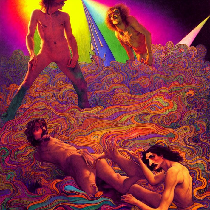 bright psychedelic photo of pink floyd and frank zappa tripping on lsd, diffuse lighting, fantasy, intricate, elegant, highly detailed, lifelike, photorealistic, digital painting, artstation, illustration, concept art, smooth, sharp focus, art by John Collier and Albert Aublet and Krenz Cushart and Artem Demura and Alphonse Mucha