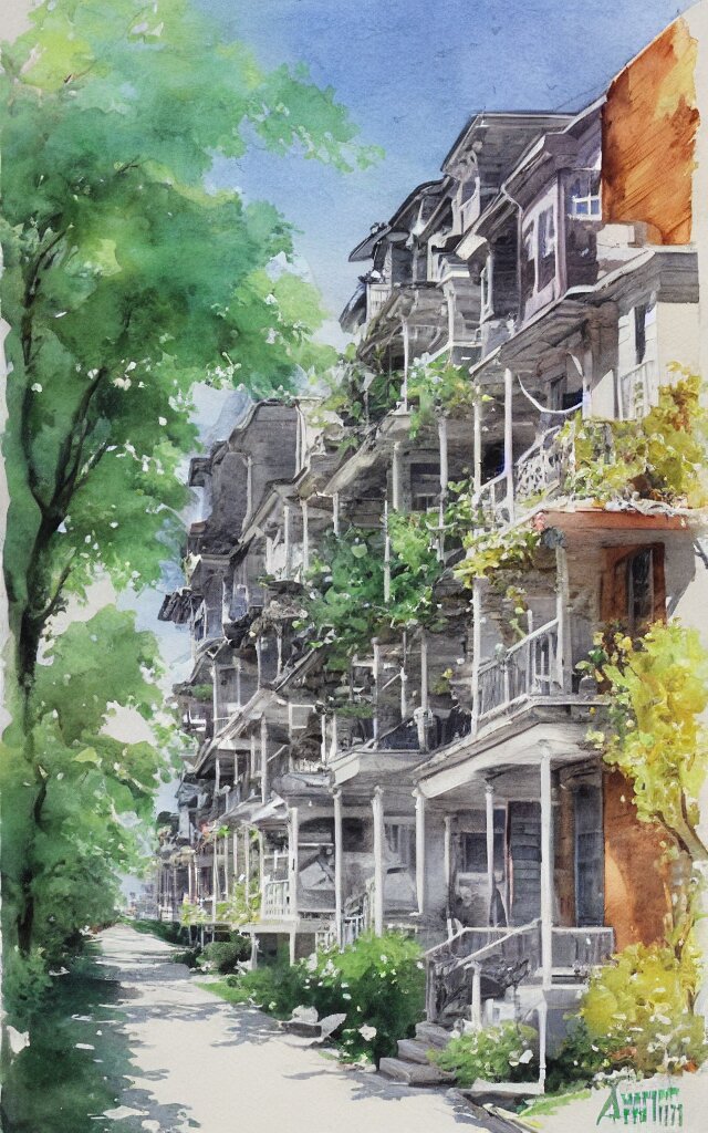 street lined with old residential houses summer watercolor by arti chauhan trending on artstation 