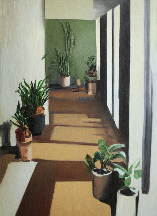 an empty hallway, full of house plants and people, oil on canvas 