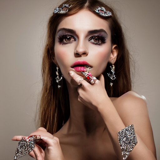 fashion photo, haute couture female model wearing bejeweled scissor earrings:5, bejeweled scissor chest plate:5, bejeweled scissor bracelets:5, hyper realistic, detailed, dramaticly beautiful, 8k, Octane