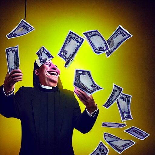 priest laughing while throwing dollar bills in the air in a strip club by mandy jurgens, cartoon, dark backgroun, visionary art, magic symbols, holy halo, neon ambient lighting, high detail, dark vibrant colors 