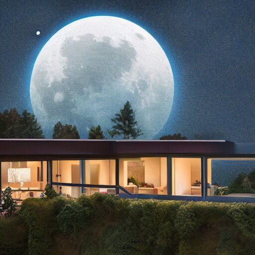 realistic extremely detailed photo real portrait painting of a mid-century modern house on cliff, in moon light, elegant, moody vibrant colors, herman miller, octane render, 4k