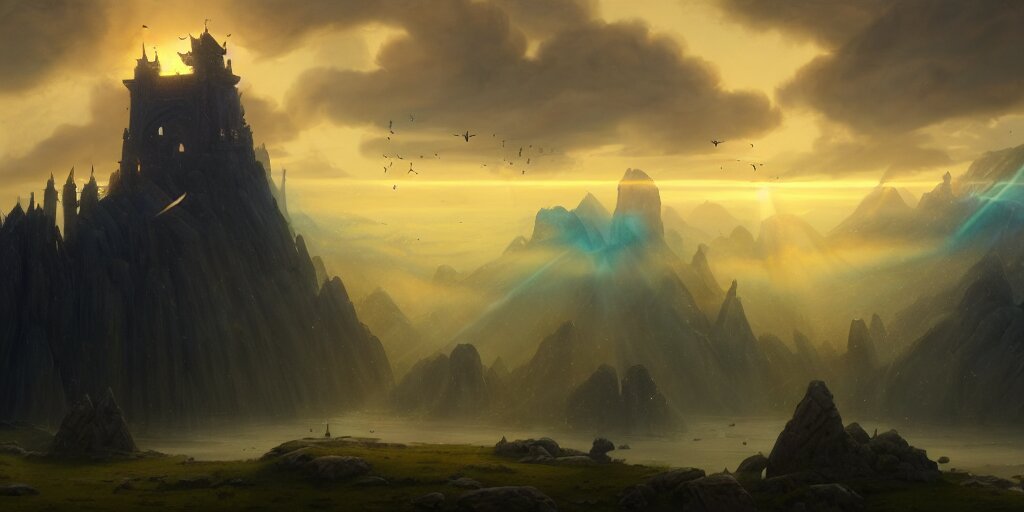 a beautiful fantasy landscape, medieval tower, majestic, god rays, silhouette of a flock of birds in the sky, extremely detailed digital painting, in the style of fenghua zhong and ruan jia and jeremy lipking and peter mohrbacher, mystical colors, rim light, beautiful lighting, 8 k, stunning scene, raytracing, octane, trending on artstation 