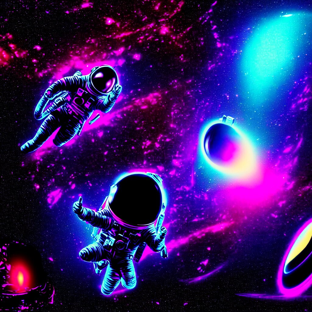 astronaut sucked into blackhole synthwave, glitchy, reflective, holographic, neon 