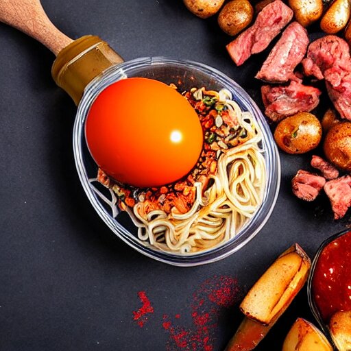 art anime food in a flask with a cork inside a glass cone, spicy, noodles, cyberpunk, egg, paprika, potatoes, meat, cooked, hot sauce 