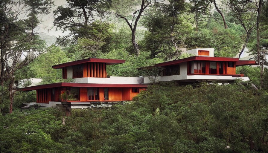 small modern house, tibetan inspired architecture, on a green hill between trees and big boulders, frank lloyd wright, photorealistic, cyberpunk 