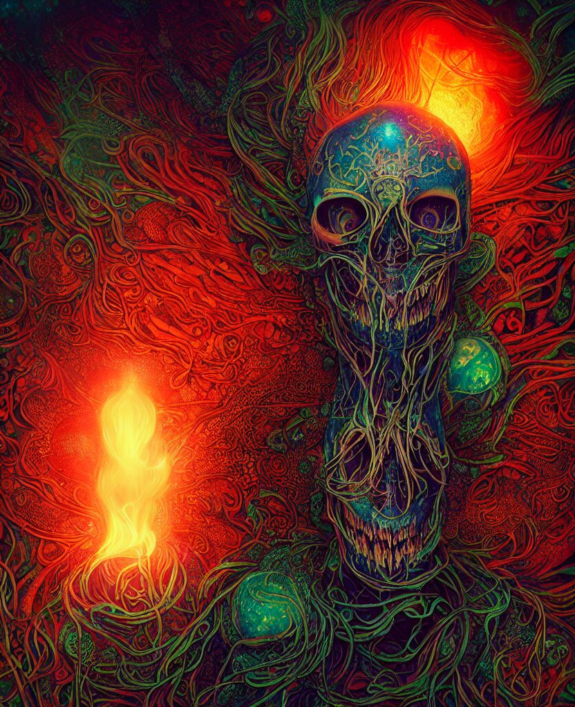 psychedelic shaman close-up portrait. amanita muscaria phoenix head, nautilus, insect, skull, ice and fire, bioluminiscent creatures, intricate artwork by Tooth Wu and wlop and beeple. octane render, trending on artstation, greg rutkowski very coherent symmetrical artwork. cinematic, hyper realism, high detail, octane render, 8k