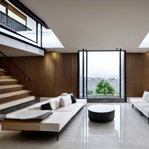 A modern living room with floor to ceiling glass windows on the left and on wooden stairs to the second floor on the right, two white sofas with a white marble table in the center, 8k resolution, professional interior design photograph, wide angle photograph