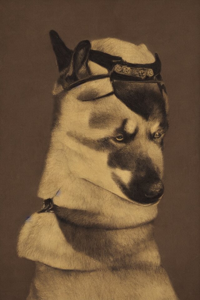 a portrait of a samurai shiba inu, in the art style of rembrandt, gilbert stuart, artistic, highly detailed, dark background, framed, 4 k, hyperrealistic 