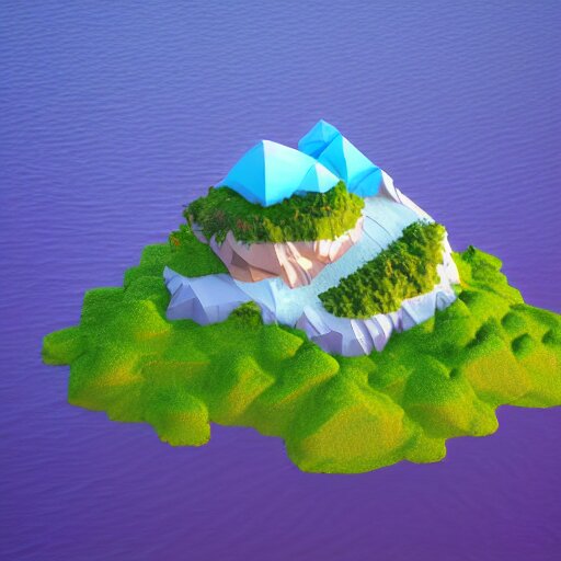 a floating island on an aquatic environment isometric art, lago di sorapis landscape, low poly art, game art, artstation, 3D render, high detail, cgsociety, octane render