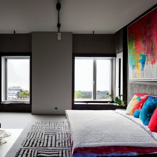 Bedroom with Minimalistic Art on the walls, white furniture, Multi colored Mandala Rug, big windows with sunlight coming in