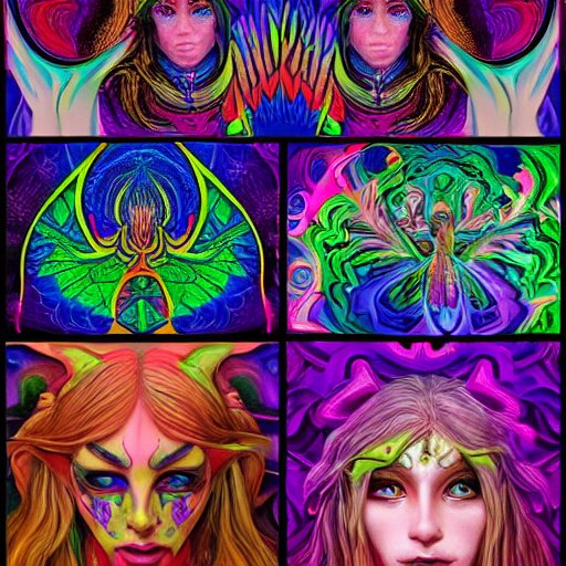 fantasy art, psychedelic, vibrant, detail, DMT elf ,  portrait, detail, Evolution arriving at a DMT elf, Larval Stages of the Soul Before Ascension  1) Mythical, 2) Machiavellian, 3) Religious Traditional, 4) Scientific Secular, 5) Postmodern Multiculturalist, 6) Burner, 7) DMT Elf