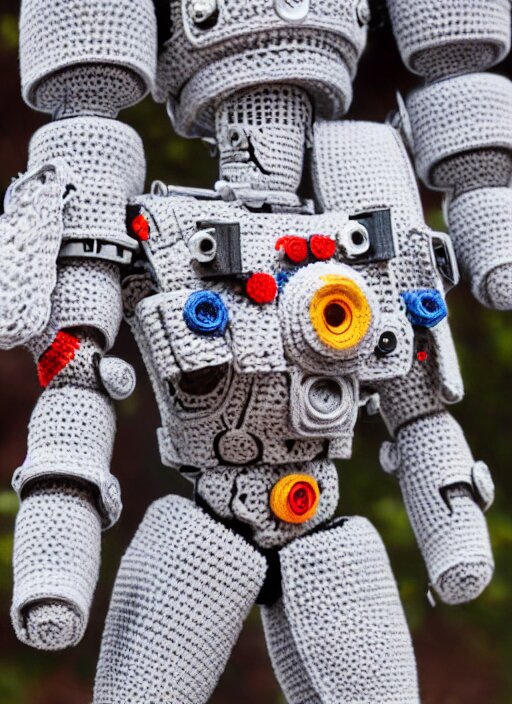 a crochet mecha, realistic, intricate, many details, no cropping, full body, Sigma 50 mm f/1.4